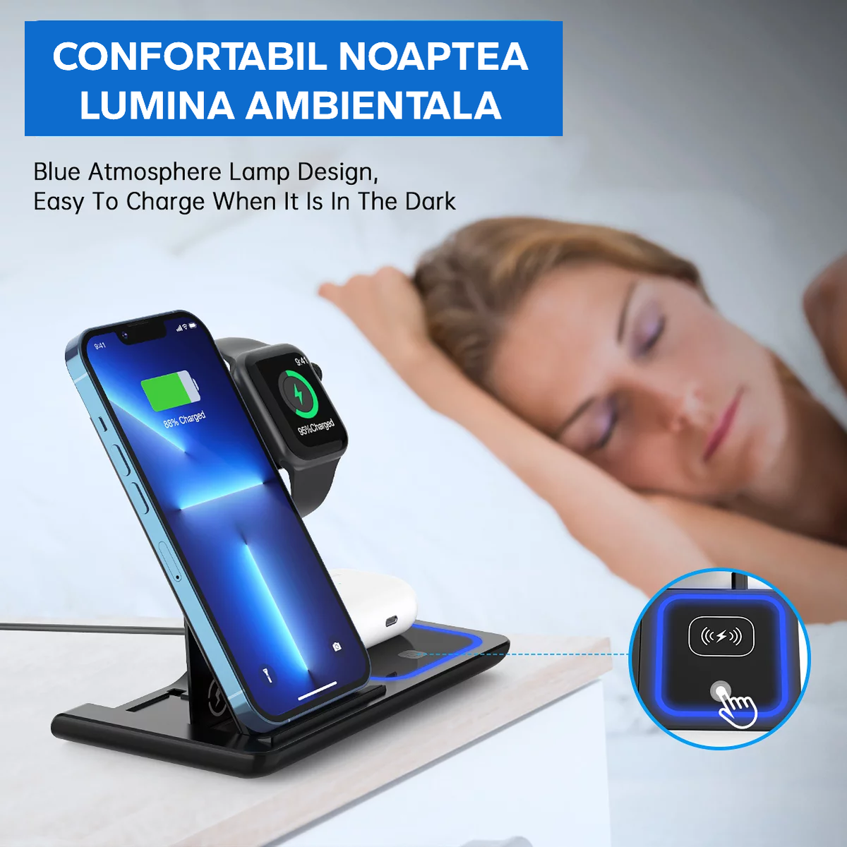 Statie Incarcare rapida 3 in 1 Qi, Fast Charger 15W, compatibila cu apple watch, airpods, iPhone