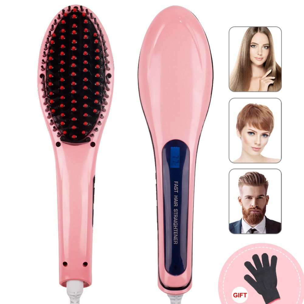 Perie pentru indreptarea parului cu ecran LCD, Straight Brush, Roz