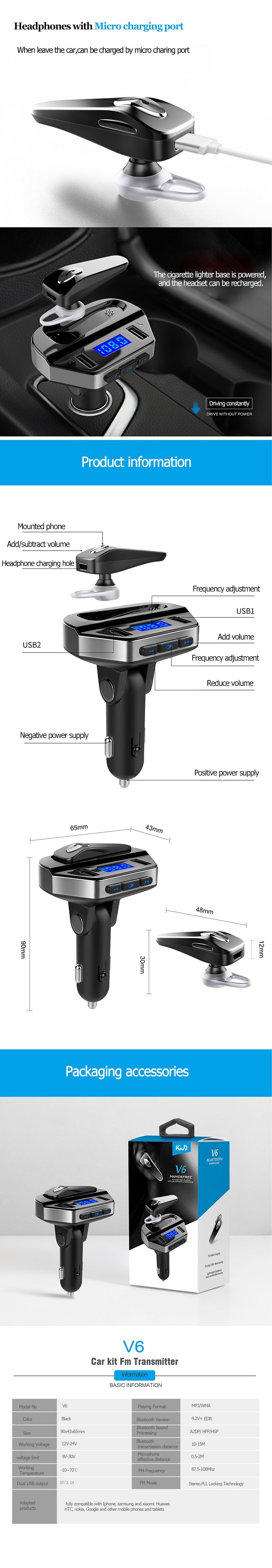 Kit modulator FM si MP3 + Handsfree cu casca bluetooth V6