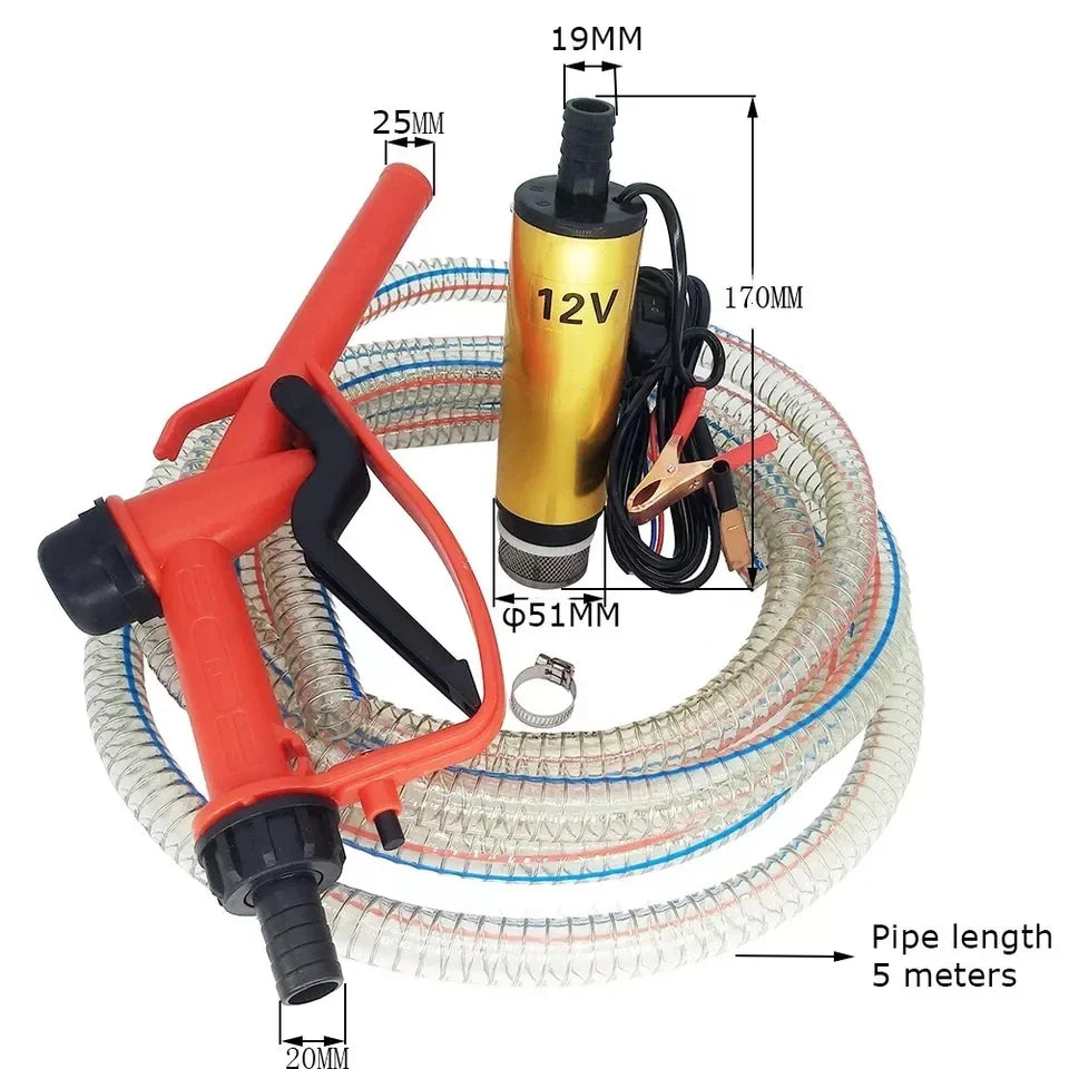 Set pompa transfer benzina/motorina si alte lichide 12V cu furtun si pistol