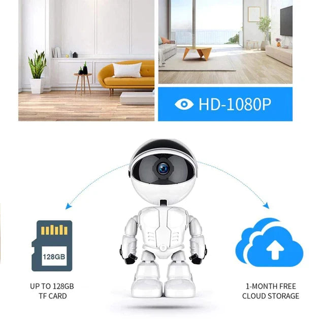 Camera de supraveghere smart, Robot, cu functie Baby Monitor, si cu rotire 360 grade, Full HD 1080P, Wireless Audio Video, IP, Night Vision, Detectarea miscarilor, Two-Way Audio, Alb