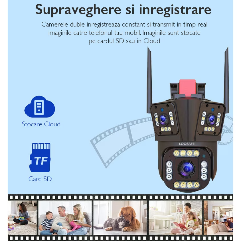 Camera de Supraveghere Tripla WIFI, 12MP, Exterior/Interior, Ultra HD, 5X zoom, Rotire, Leduri, Lumina, Comunicare Bidirectionala, Alarma, Senzor Miscare