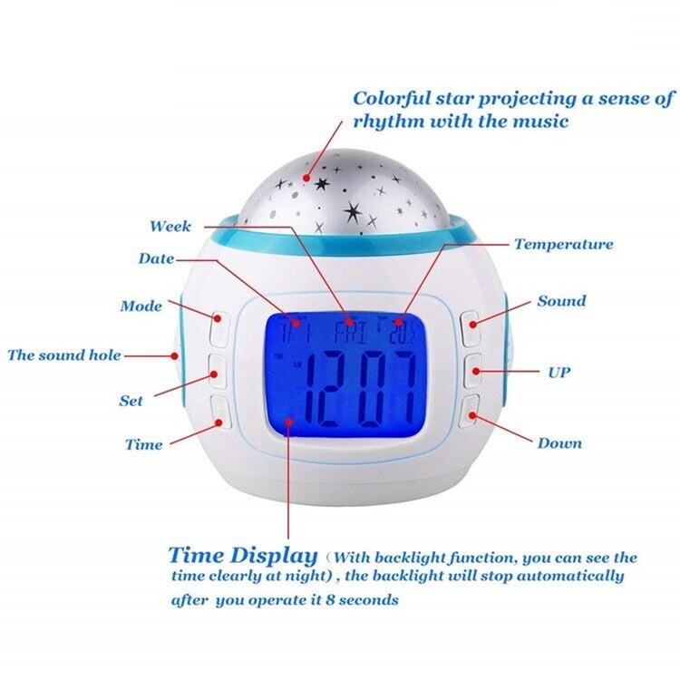 Ceas muzical de birou cu alarma, termometru si calendar, proiectare cu stelute, 10 cm