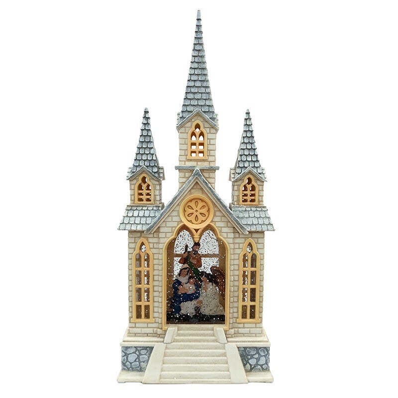 Decoratiune de Craciun Biserica cu scena Nasterii Domnului in apa, cu muzica si lumini, 17 x 41cm,baterii și 220w