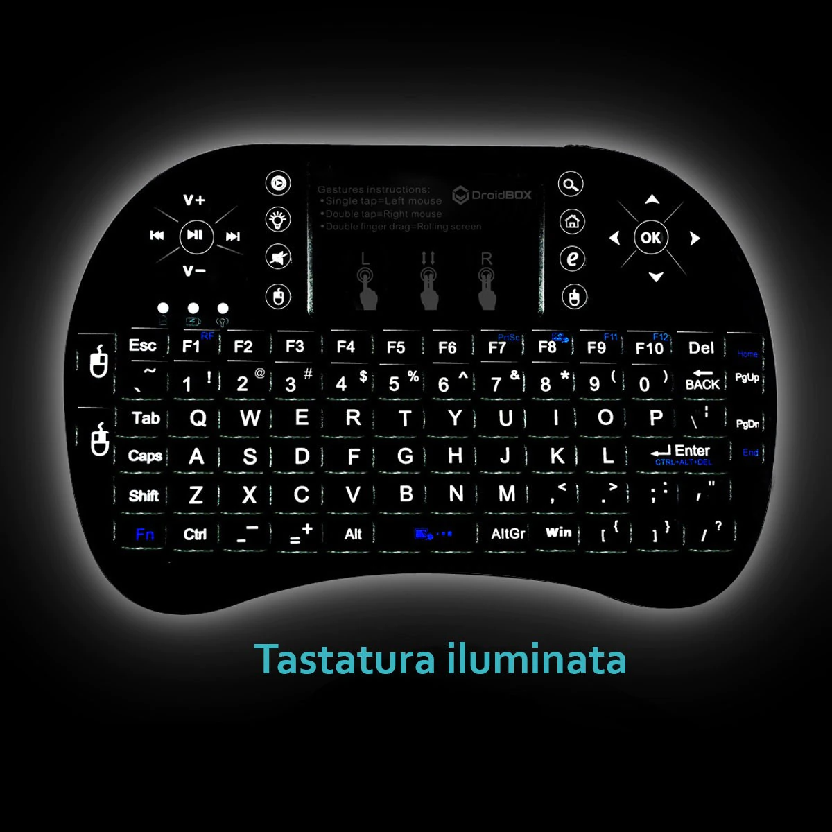 Mini tastatura wireless, cu touchpad, iluminata LED pentru PC, Laptop, Tableta, Xbox, Smart TV, Play Station, Raza 10m