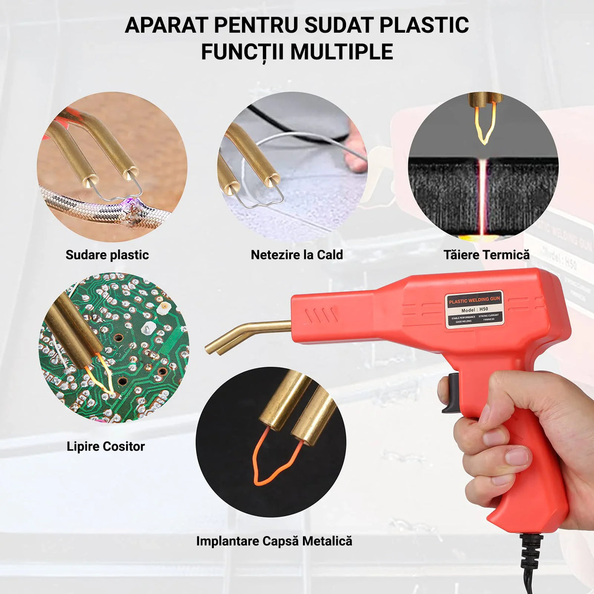 RESIGILAT - Trusa aparat sudat plastic, pistol profesional pentru lipit/sudat plastic, kit pentru repararea fisurilor din plastic, polipropilena, 200 capse de intarire, putere 50W