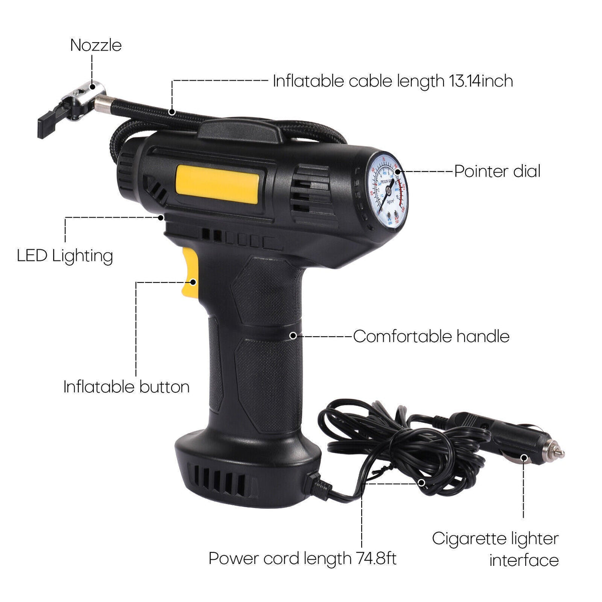 Compresor auto portabil multifunctional, 12V, 10 bari, afișaj digital LED, alimentare la bricheta masinii