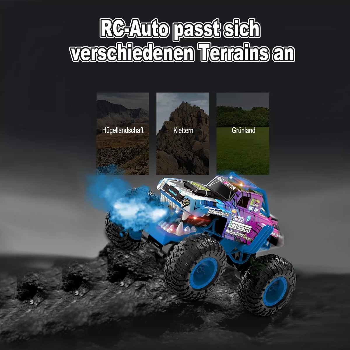 Masina Monster Truck cu telecomanda, spray, lumini si muzica, rotatie 360° si tractiune 4x4