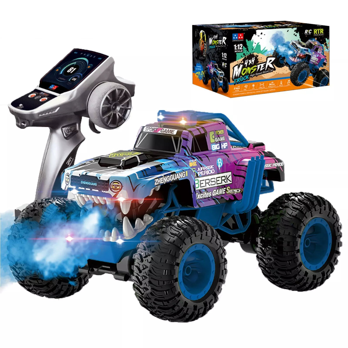 Masina Monster Truck cu telecomanda, spray, lumini si muzica, rotatie 360° si tractiune 4x4