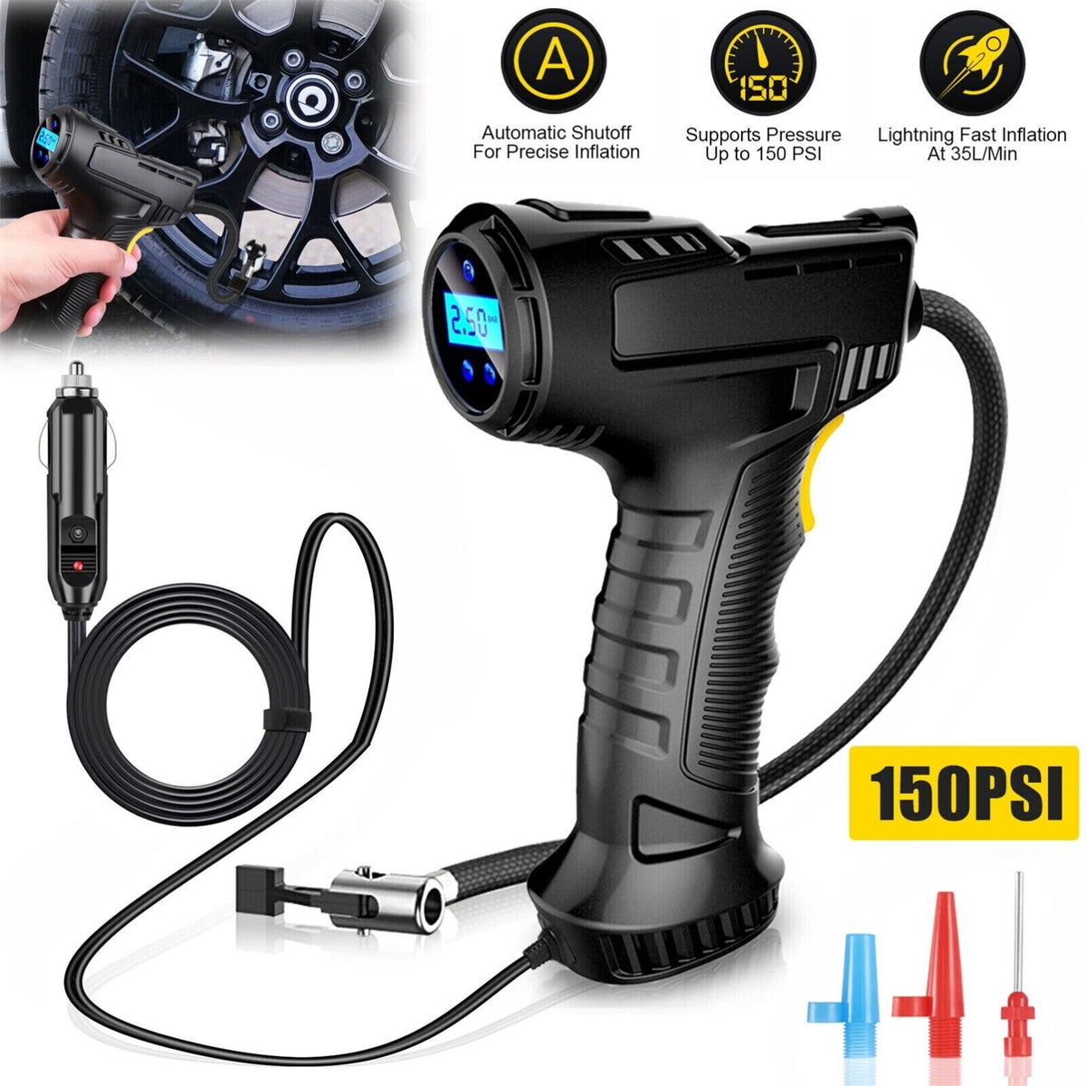 Compresor auto portabil multifunctional, 12V, 10 bari, afișaj digital LED, alimentare la bricheta masinii