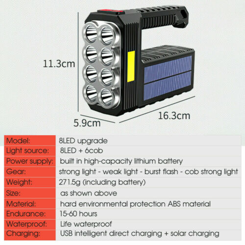 Lanterna cu 8 LED-uri si LED COB incarcare solara si USB